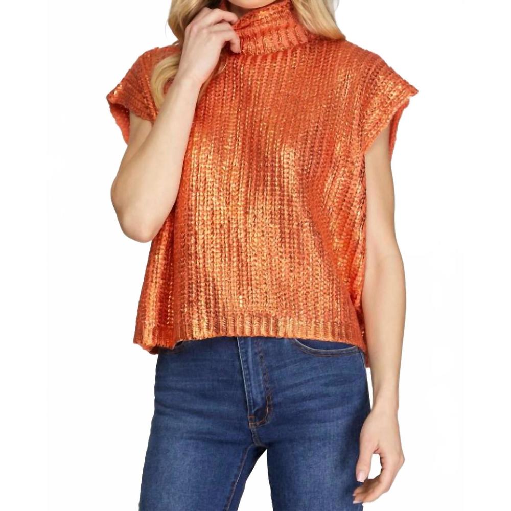 She + Sky Shimmery Orange Short Sleeve Cowl Neck Sweater